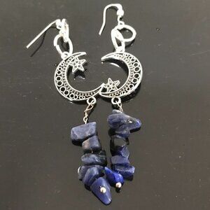 Moon Star Celestial Gemstone Earrings Silver Genuine Sodalite Drop Dangle